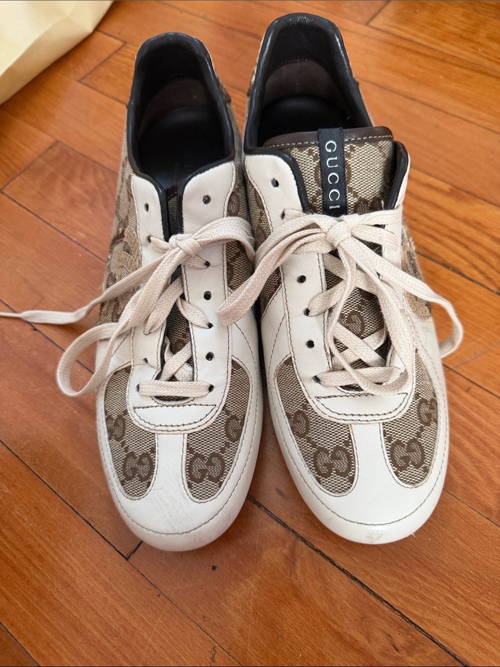 Gucci Beige & Brown Monogram Lace-Up Sneakers - Picture 1 of 3